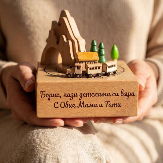 Дървена Музикална Кутия Влакче – С Движищи Се Елементи