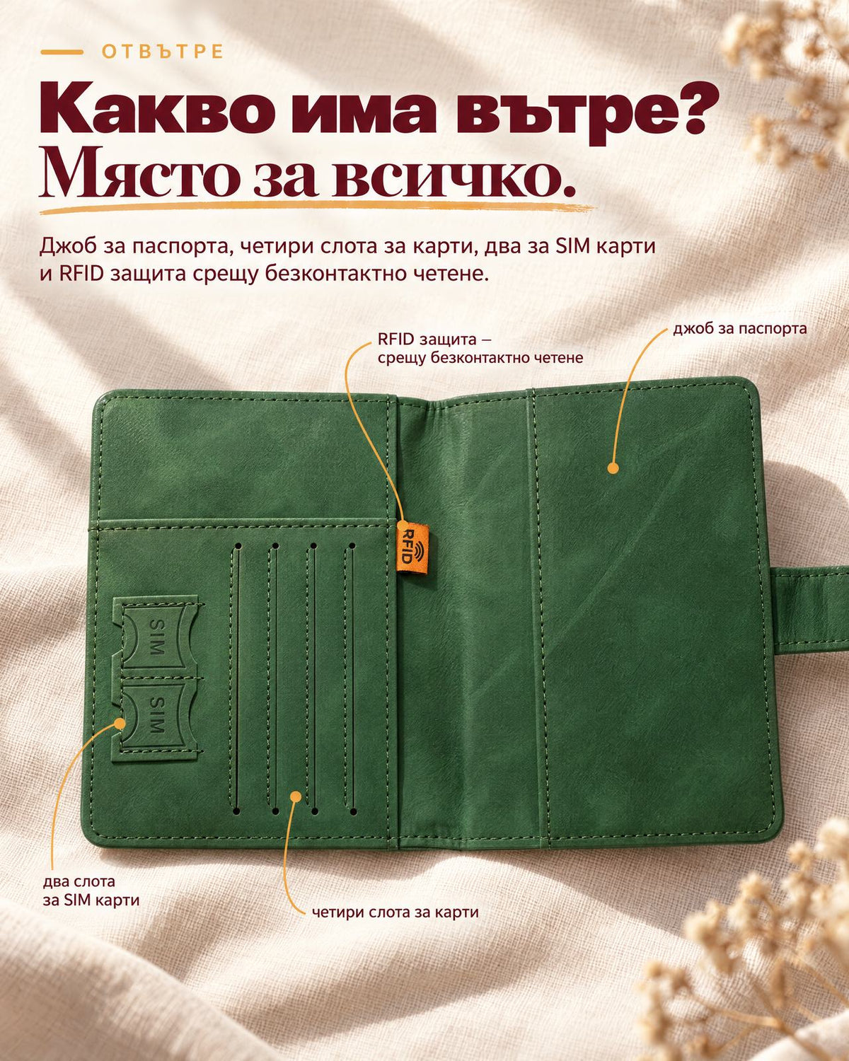Зелен калъф за паспорт отвътре - джоб за паспорта, четири слота за карти, два за SIM карти и RFID защита