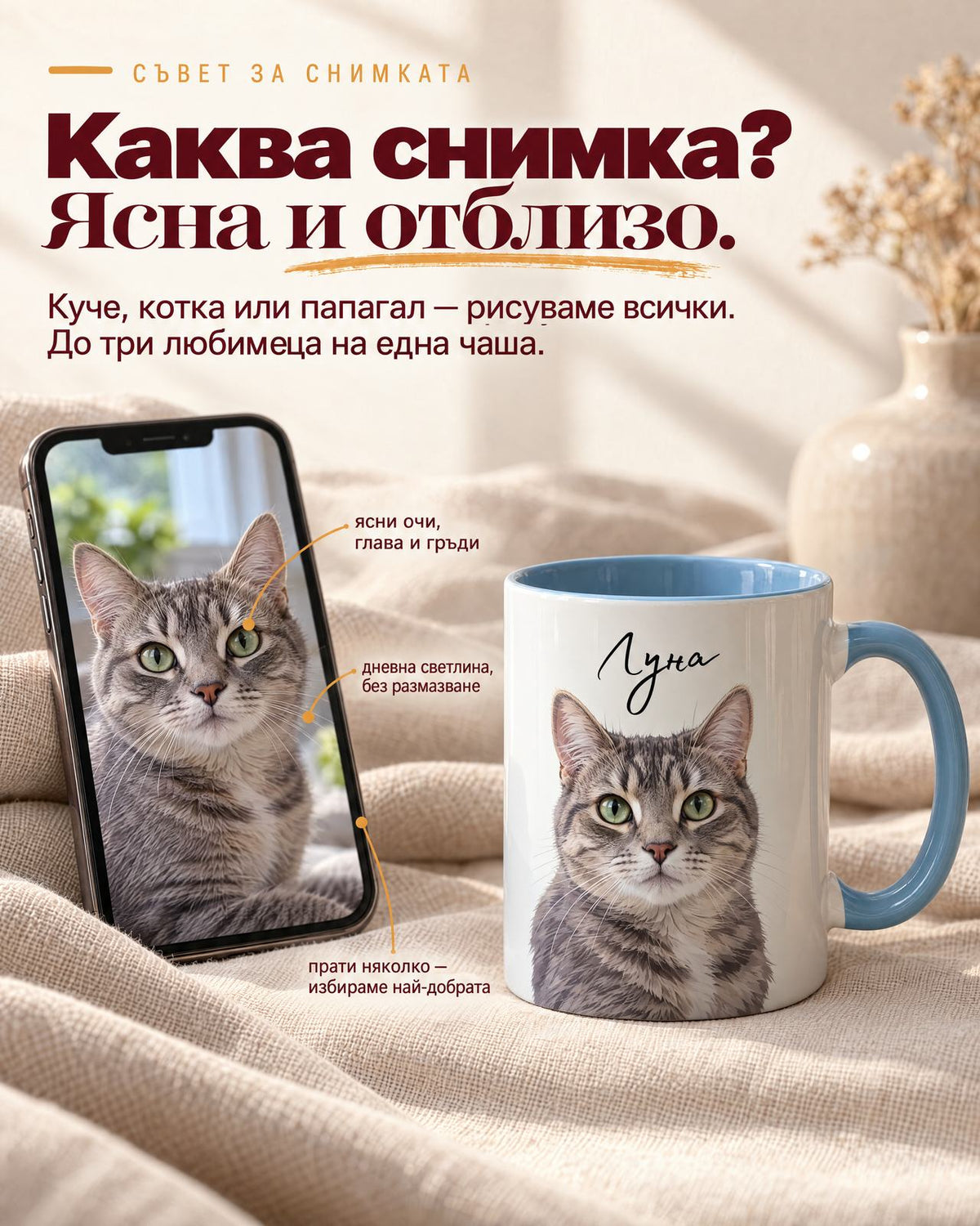 Чаша със светлосиня дръжка, портрет на котка и име Луна до телефон със снимката - ясна и отблизо