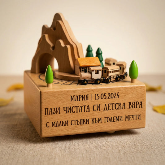 Дървена Музикална Кутия Влакче – С Движищи Се Елементи