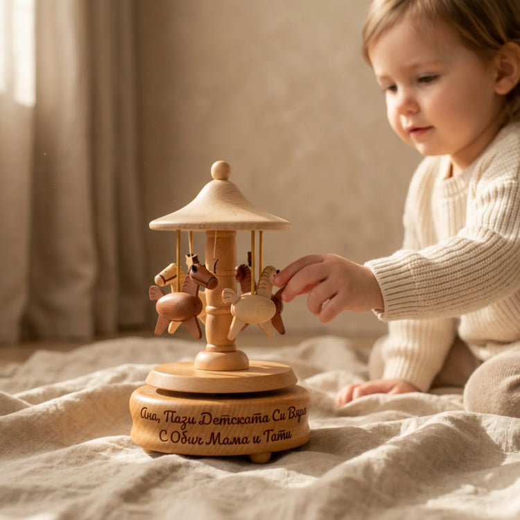 Дървена Музикална Кутия Карусел – Букова с Персонализация