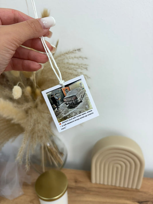 Персонализиран Талисман за Автомобил 5×5 см – Снимка и Пожелание - Wishifyy