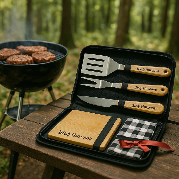 Engraved BBQ accessories – 5 pieces with case