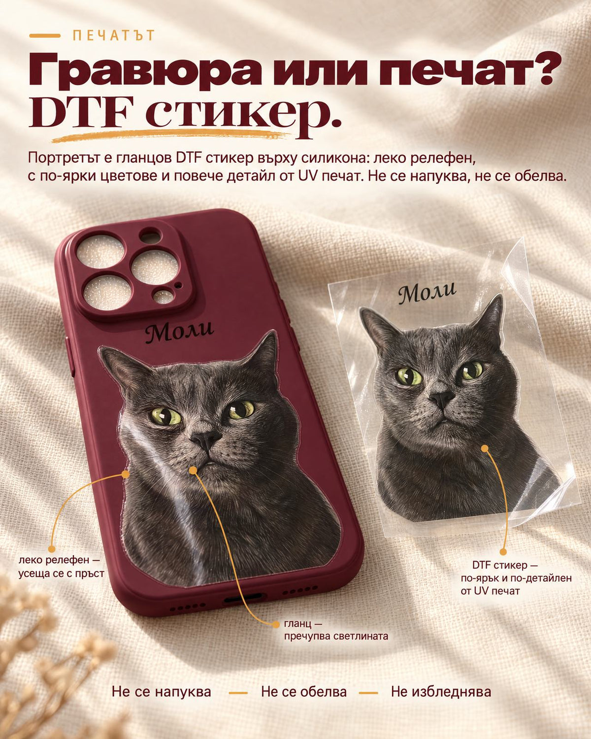 Бордо калъф с портрет на котка и име Моли до DTF стикера - гланцов, леко релефен, не се напуква, не се обелва